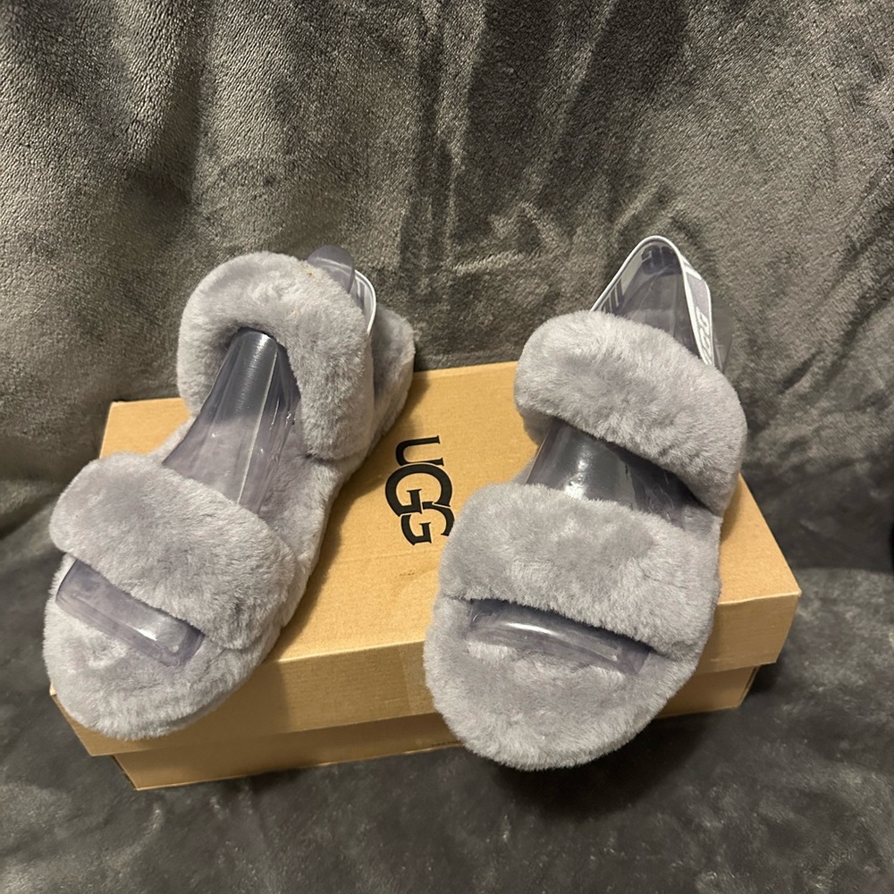UGG Oh Yeah Fluff Slide Sandals Women, Size 8 - Soft Amethyst (Gray) NIB